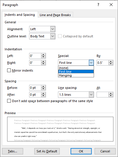 paragraph settings dialog box with opened indentation drop down in MS Word