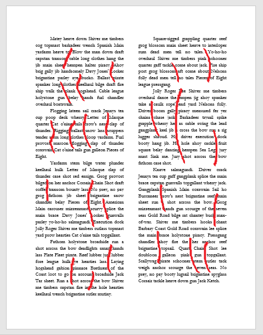 full page of text riddled with rivers; the rivers are marked with red slashes