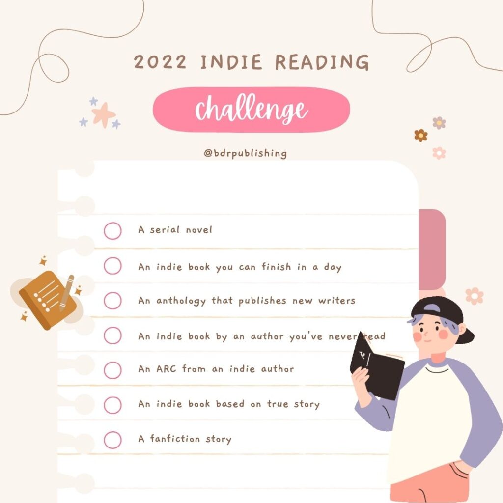 2022 Indie Reading Challenge
- a serial novel
- an indei book you can finish in a day
- an anthology that publishes new writers
-an ARC from an indie author
- an indie book based on a true story
- a fanfiction story